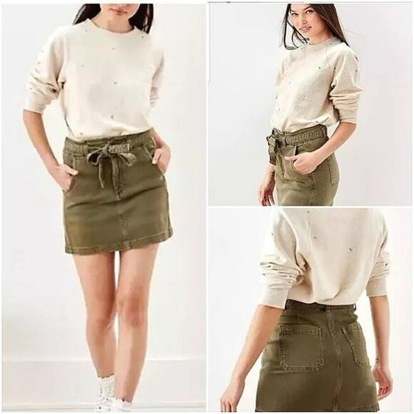 American Eagle Paperbag Waist Skirt 12 Army Green Tie Belt Pockets Stretch - Picture 1 of 8